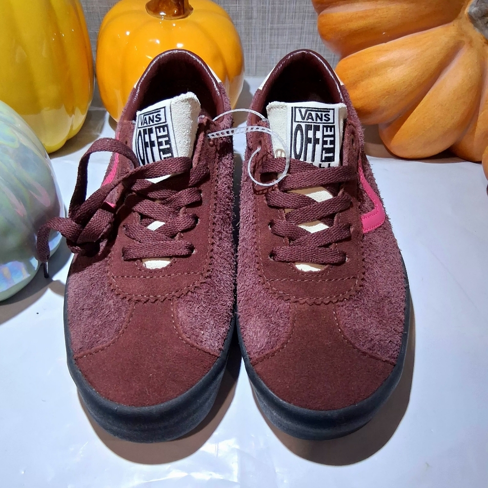 Vans Maroon Suede Sneakers with Pink Side Stripe